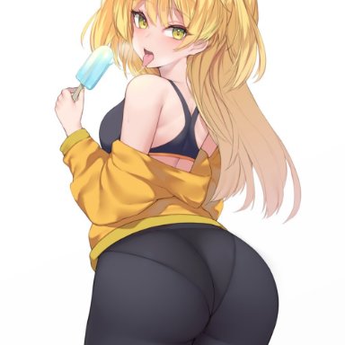 idolmaster, idolmaster cinderella girls, jougasaki rika, kuavera, 1girls, arched back, ass, ass focus, ass shot, back, back view, black yoga pants, blonde hair, blush, breasts