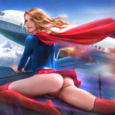 kara zor-el, supergirl, demonlorddante, anus, blonde hair, blue eyes, boots, bottomless, bottomless skirt, looking at viewer, pussy, pussy peek, shaved pussy, smiling, smiling at viewer