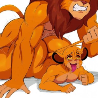 disney, the lion king, mufasa, simba, sssonic2, 2boys, age difference, ahe gao, anal, anal sex, anthro, ass, balls deep, big ass, big butt