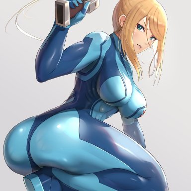 metroid, nintendo, samus aran, zero suit samus, gonzarez, 1girls, abs, ass, big breasts, blonde hair, blue eyes, bodysuit, breasts, gun, solo