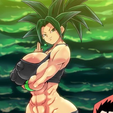 dragon ball, dragon ball super, cabba, caulifla, kale, kefla, rickert kai, 1girls, abs, big ass, big breasts, big nipples, black eyes, black hair, bracelet