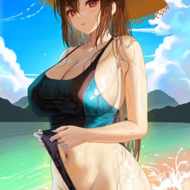 check copyright, copyright request, original, tokkihouse, bare arms, bare shoulders, black swimsuit, breasts, brown hair, brown headwear, cleavage, clothes pull, covered erect nipples, cowboy shot, eyewear on head