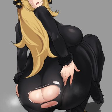 nintendo, pokemon, pokemon dppt, cynthia (pokemon), cham22, chamchami, !, 1girls, ass, ass focus, big ass, big breasts, big butt, blonde hair, blush