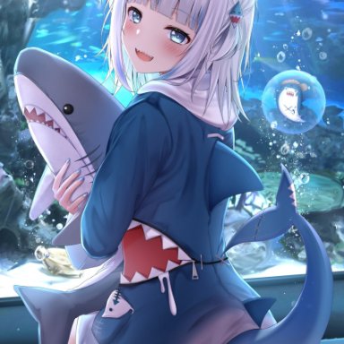 hololive, hololive english, bloop (gawr gura), gawr gura, monaka curl, :d, aquarium, ass, bangs, blue eyes, blue hair, blue hoodie, blunt bangs, blush, doll hug