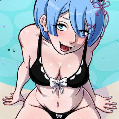 rem (re:zero), 27lsd, 1girls, big breasts, bikini, blue eyes, blue hair, looking at viewer, stockings, thick thighs, commission, pinup