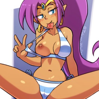 shantae, wayforward, shantae (character), tobias wheller, 1girls, bikini, blue eyes, blush, breasts, cameltoe, come hither, condom, condom in mouth, condom wrapper, earrings