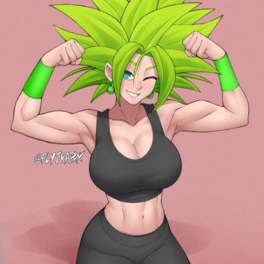 dragon ball, dragon ball fighterz, dragon ball super, caulifla, kale, kefla, flytrapxx, breasts, flexing, fusion, green hair, huge breasts, iabs, muscular, muscular female