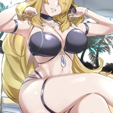 nintendo, pokemon, pokemon dppt, cynthia (pokemon), moginiki, 1girls, beach, big breasts, bikini, blonde hair, hair ornament, huge breasts, long hair, thick thighs, voluptuous