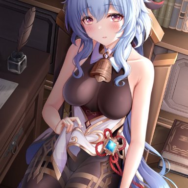 genshin impact, ganyu (genshin impact), monaka curl, aqua hair, bangs, bare arms, bare shoulders, bell, blush, book, bookshelf, breasts, brown bodysuit, chair, desk