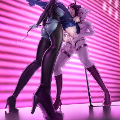 mass effect, asari, ashley williams, liara t'soni, sayuridrawsthings, 1girls, 2futas, anal sex, ass grab, ass up, big ass, big penis, boobs out, clothed, clothed sex