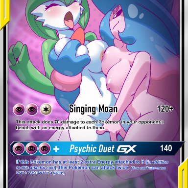 nintendo, pokemon, pokemon trading card game (game), gardevoir, hatterene, hidoihito, anthro, blue hair, breast grab, breast squish, breasts, breasts frottage, duo, female, female/female