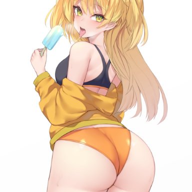 idolmaster, idolmaster cinderella girls, jougasaki rika, kuavera, 1girls, ass, big ass, blonde hair, breasts, buruma, dat ass, female, female only, food, from behind