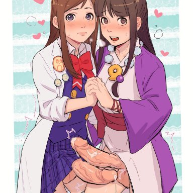 ace attorney, capcom, gyakuten saiban, ema skye, maya fey, vivi9586, 2futas, blush, brown hair, cum, futa only, futanari, holding hands, huge cock, panties down