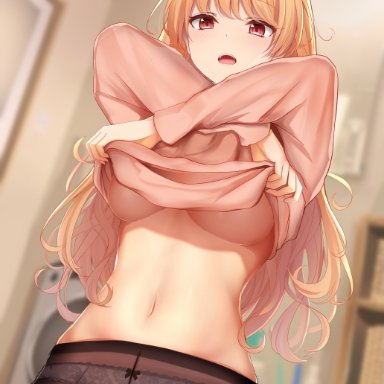 original, monaka curl, ahoge, blonde hair, blurry, breasts, brown legwear, cowboy shot, depth of field, female, indoors, large breasts, long hair, long sleeves, looking at viewer