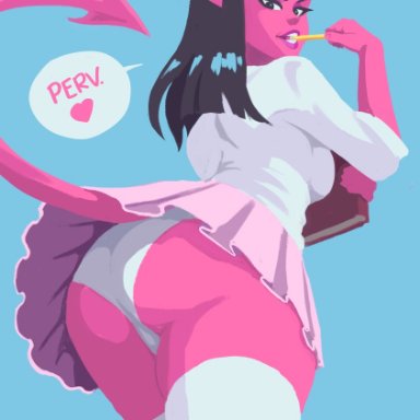 character request, meru (merunyaa), bluewizardart, 1girls, ass, big ass, black hair, clothed, demon, demon girl, demon horns, demon tail, eyeshadow, female, female only