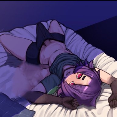 sucaciic, big penis, bulge, femboy, purple hair, red eyes, short hair, edit