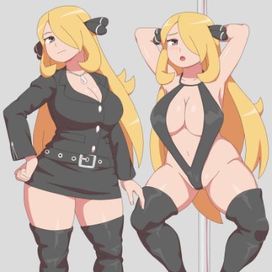 nintendo, pokemon, pokemon dppt, cynthia (pokemon), kabeume, 1girls, blonde hair, breasts, eye contact, female, looking at viewer, mature female, pole, pole dancing, solo