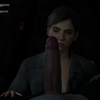 the last of us 2, ellie (the last of us), tomoganim, 1boy, 1girl, angry, angry face, big penis, brown eyes, brunette, dark-skinned male, dark skin, freckles, indoors, kneeling