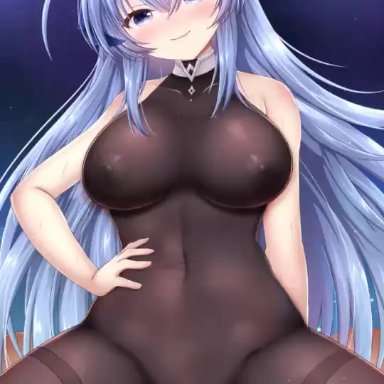 azur lane, new jersey (azur lane), artist request, 1boy, 1girls, blue eyes, blue hair, blush, bodystocking, bouncing breasts, breasts, clothed female nude male, clothed sex, cowgirl position, faceless male