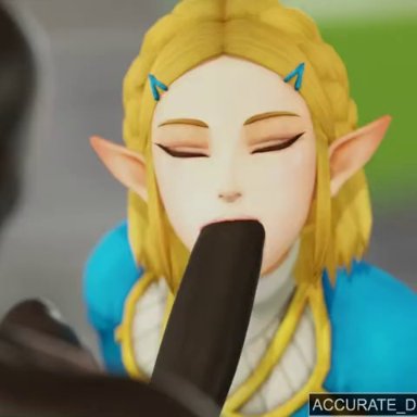 nintendo, the legend of zelda, princess zelda, zelda (breath of the wild), accurate distance, 1boy, 1girls, big penis, blonde hair, blowjob, braid, dark-skinned male, dark skin, deep blowjob, deepthroat