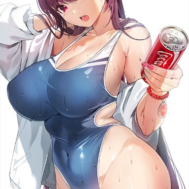 coca-cola, fate/grand order, fate (series), scathach (fate), damda, bangs, bead bracelet, beads, black legwear, blue swimsuit, bracelet, breasts, can, covered navel, curvy