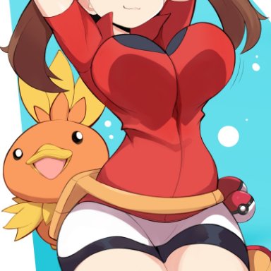 nintendo, pokemon, pokemon rse, may (pokemon), torchic, jellcaps, 1girls, action lines, alternate eye color, arms above head, arms up, bandana, big breasts, bike shorts, black shorts