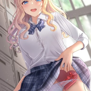 idolmaster, idolmaster cinderella girls, ootsuki yui, monaka curl, :d, blonde hair, blue eyes, blue skirt, bow, bowtie, box, breasts, button gap, collared shirt, cowboy shot