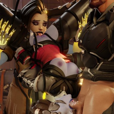 overwatch, reaper, sombra, widowmaker, darcy mcphie, alternate hairstyle, blowjob, bound, captured, cum in throat, deepthroat, dreadlocks, exposed breasts, exposed nipples, exposed pussy