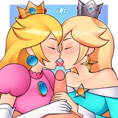 mario (series), nintendo, super mario bros., princess peach, princess rosalina, loodncrood, 1boy, 2girls, bare shoulders, bisexual (female), blonde hair, closed eyes, clothed female nude male, crown, earrings