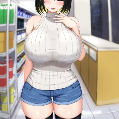 original, shidaidaka, arm behind back, bare arms, bare shoulders, black hair, blue nails, blurry, blurry background, blush, breasts, closed eyes, clothed, clothing, convenience store