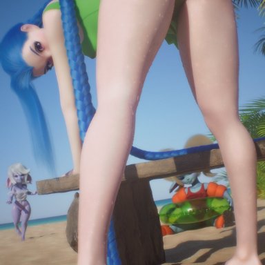 league of legends, jinx (league of legends), poppy, tristana, yordle, gurobase, 2girls, ass, barely visible genitalia, beach, bent over, blue hair, feet, female, female only