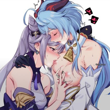 genshin impact, ganyu (genshin impact), keqing (genshin impact), negom, 2girls, ahoge, arm around neck, bangs, bare shoulders, bell, black gloves, blue hair, blush, breast grab, breasts