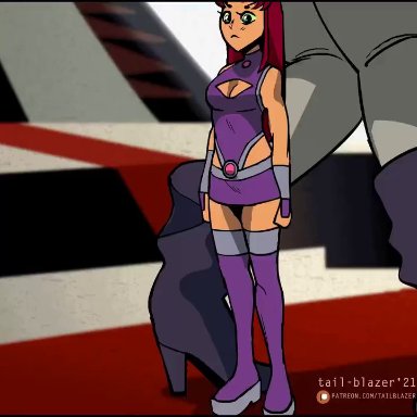 dc, teen titans, raven, starfire, tail-blazer, 2girls, ass, female, female only, giantess, huge ass, larger female, macro, size difference, smaller female