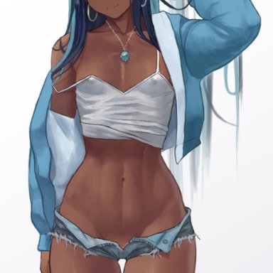 nintendo, pokemon, pokemon ss, nessa (pokemon), zefra bleu, 1girls, blue eyes, blue hair, blue jacket, breasts, closed mouth, covered erect nipples, dark-skinned female, dark blue hair, dark skin