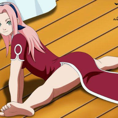 naruto, naruto (classic), naruto (series), shounen jump, sakura haruno, arekusanderu, 1girls, ass, barefoot, bed, bedroom, big ass, big butt, clothed, clothing