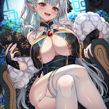 last origin, draculina (last origin), cenangam, bangs, bare shoulders, breast curtains, bridal gauntlets, china dress, chinese clothes, cleavage, dress, earrings, fan, fangs, hair ornament