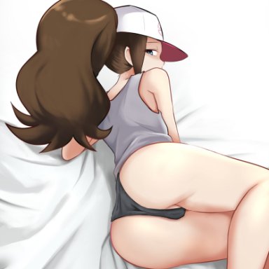 nintendo, pokemon, pokemon bw, hilda (pokemon), r sin, 1girls, ass, bed, blue eyes, brown hair, eye contact, female, hat, long hair, looking at viewer