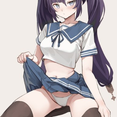 genshin impact, mona (genshin impact), simao (x x36131422), 1girls, blush, breasts, cameltoe, female, female only, flashing, midriff, navel, panties, school uniform, schoolgirl