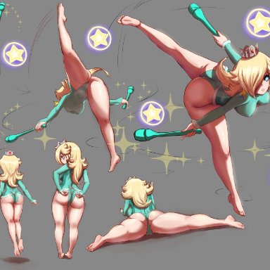 mario (series), nintendo, olympics, princess rosalina, awesomeerix, 1girls, ass, blonde hair, flexible, hair over one eye, stretching, thick thighs