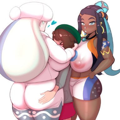 nintendo, pokemon, pokemon ss, gloria (pokemon), melony (pokemon), nessa (pokemon), fladdykin, 3girls, areolae, ass, blush, breasts, dark-skinned female, dark skin, female