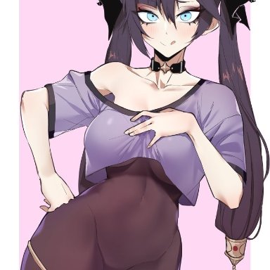 genshin impact, mona (genshin impact), j.k., 1girls, alternate breast size, armpits, belly button, black choker, black hair, blue eyes, blush, blushing at viewer, bodystocking, bow, bow in hair