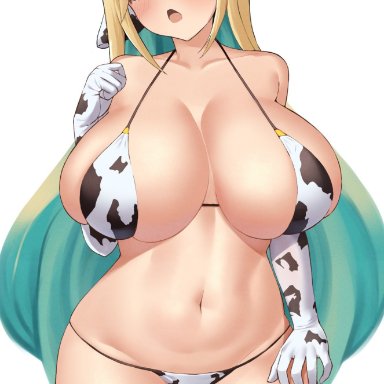 kemomimimof, 1girls, :o, animal ears, bikini, blonde hair, blush, cow ears, cow girl, cow print, female, gloves, green eyes, green hair, horns