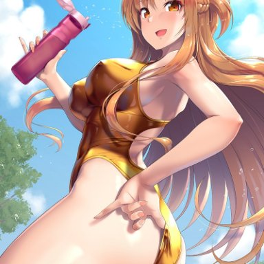 sword art online, yuuki asuna, asuna (sao), gold swimsuit, highleg swimsuit, holding object, large breasts, long hair, one-piece swimsuit, orange eyes, orange hair, smile, swimsuit