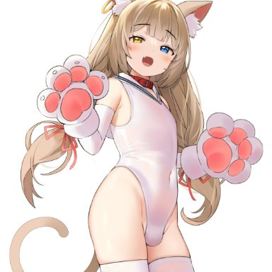 original, meettheton, 1boy, animal ear fluff, animal ears, bangs, belt collar, blonde hair, blue eyes, blush, bulge, cat boy, cat ears, cat paws, cat tail