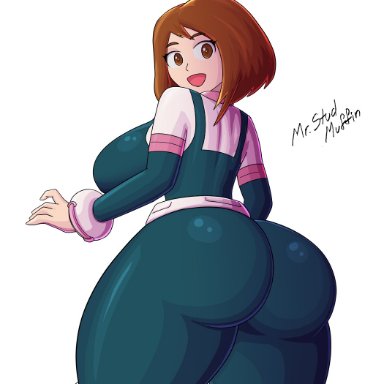 my hero academia, ochako uraraka, mrstudmuffin, big ass, big butt, female superhero, huge ass, large breasts, looking back, skin tight, superheroine, teenager, thick thighs, tight clothing