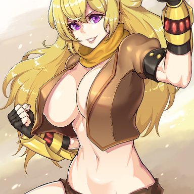 rwby, yang xiao long, redjet, athletic, big breasts, blonde hair, busty, cleavage, jacket, midriff, naked under clothes, redjet00, strong