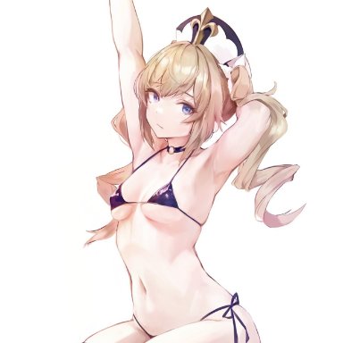 genshin impact, barbara (genshin impact), hiki niito, 1girls, armpits, arms behind back, arms up, bare arms, bare shoulders, bikini, blonde hair, blue eyes, choker, drill hair, female