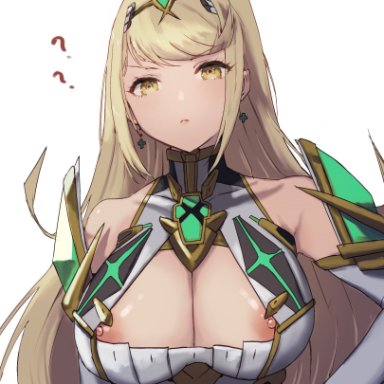 nintendo, xenoblade (series), xenoblade chronicles 2, mythra, mo momo, 1girls, ?, areola slip, blonde hair, cleavage, fully clothed, large breasts, long hair, looking at viewer, nip slip