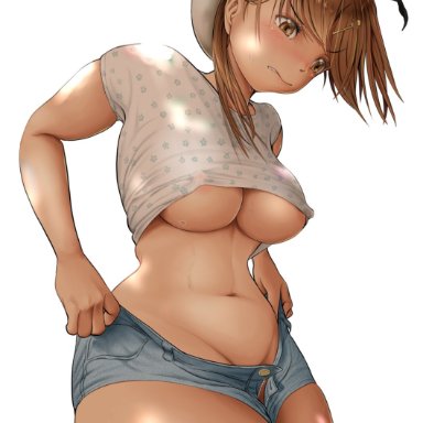 atelier (series), atelier ryza, reisalin stout, areola slip, areolae, belly, belly button, blush, booty shorts, breasts, brown eyes, brown hair, child bearing hips, cleavage, covered erect nipples