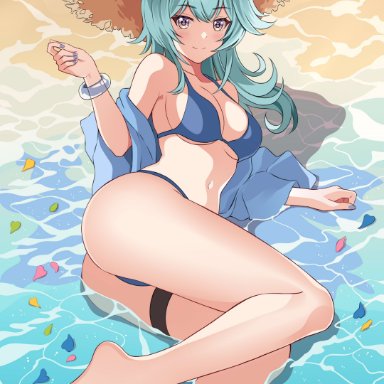 genshin impact, eula (genshin impact), eula lawrence, alternate costume, ass, barefoot, beach, beach babe, bikini, blue bikini, blue hair, blush, breasts, cleavage, clothing